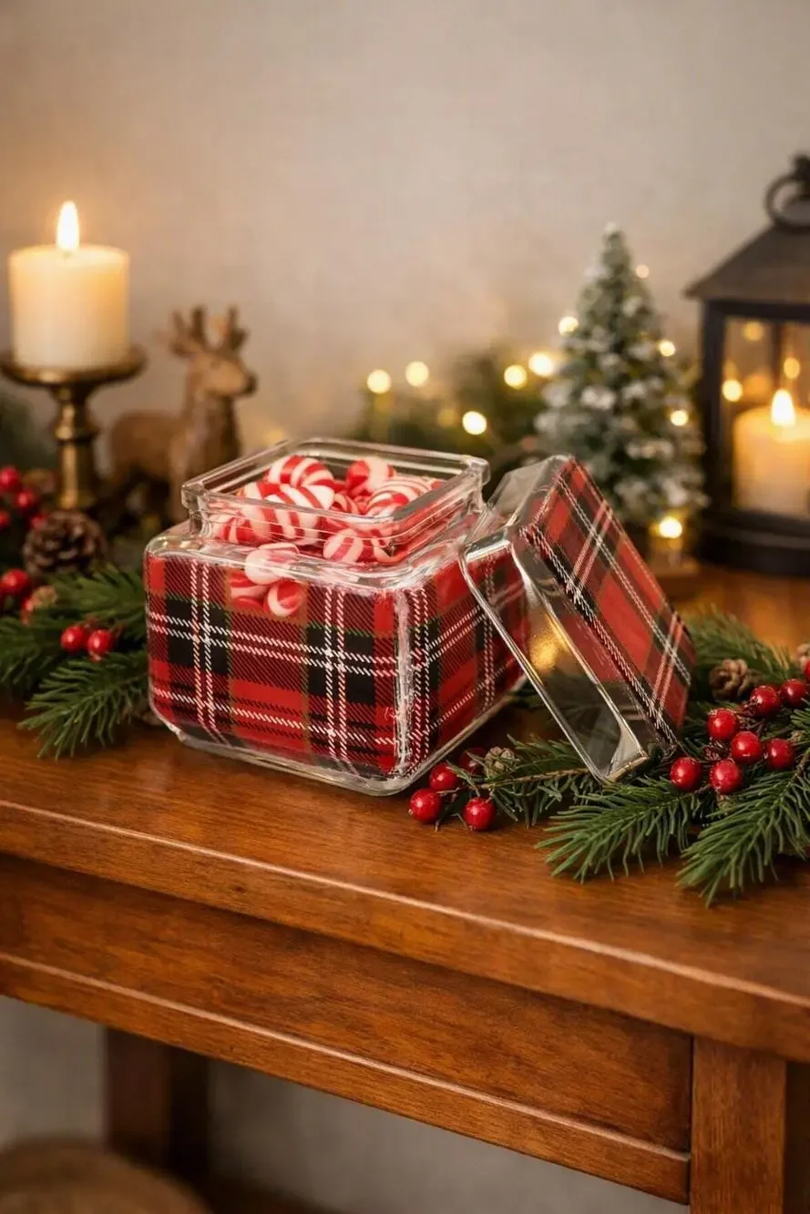 Plaid Glass Candy Jar – Holiday Treat Container, Vintage‑Style Christmas Storage